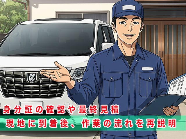 アルファードの停まっている現地に到着後、作業の流れを再説明します