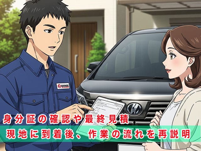 ヴェルファイアの停まっている現地に到着後、作業の流れを再説明します