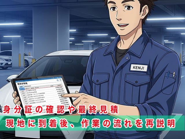 アクアの停まっている現地に到着後、作業の流れを再説明します