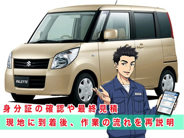 パレットの停まっている現地に到着後、作業の流れを再説明します