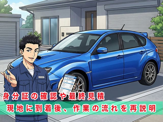 インプレッサの停まっている現地に到着後、作業の流れを再説明します