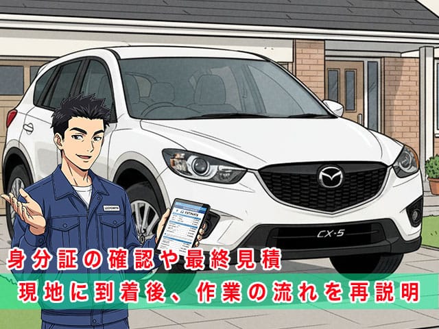 CX-5の停まっている現地に到着後、作業の流れを再説明します