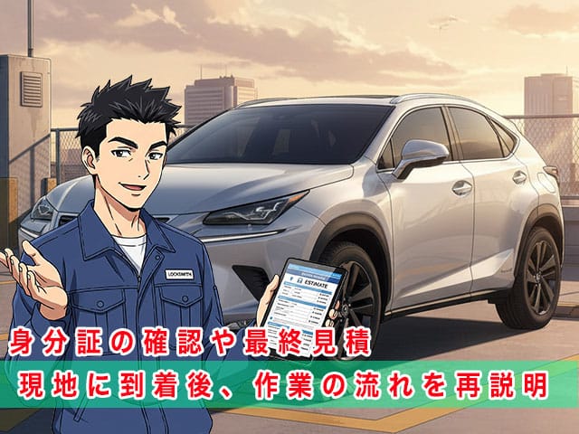 レクサスNX10系の停まっている現地に到着後、作業の流れを再説明します