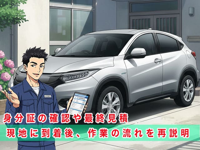 ヴェゼル（RU系）の停まっている現地に到着後、作業の流れを再説明します