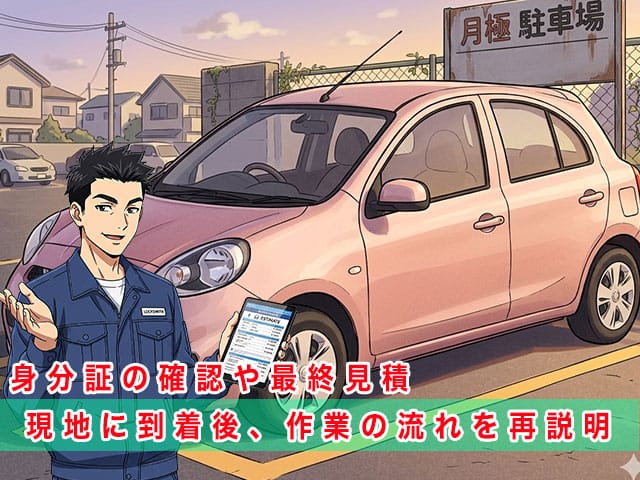 マーチ（K13）の停まっている現地に到着後、作業の流れを再説明します