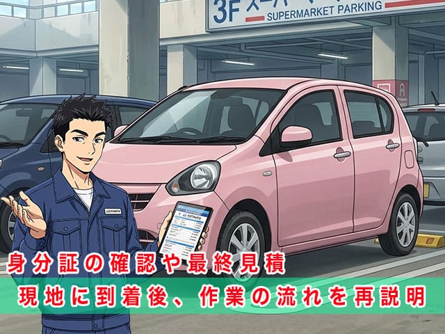 ミライース(LA300系)の停まっている現地に到着後、作業の流れを再説明します